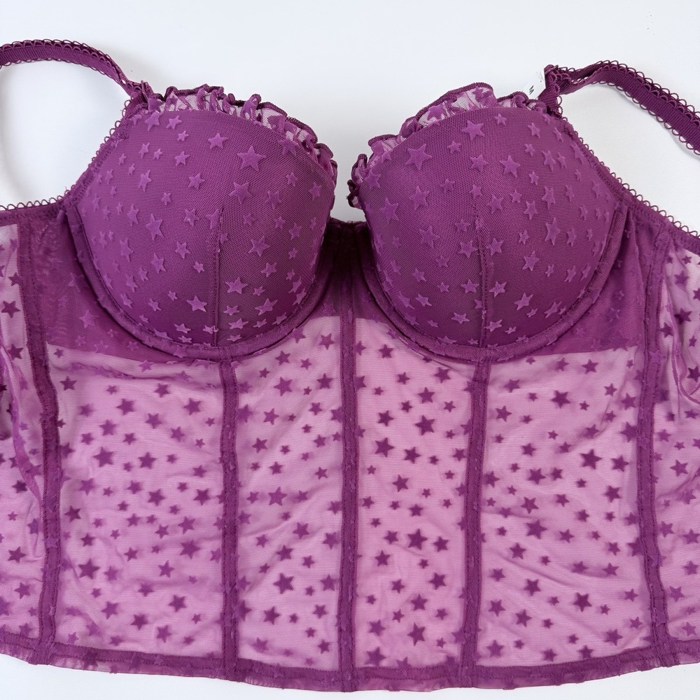 Victoria's Secret PINK Wink Lightly Lined Balconette Corset Star Mesh Plum M NWT